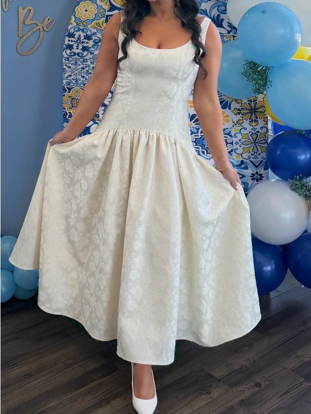 Ivory Textured Midi Dress With Full Skirt